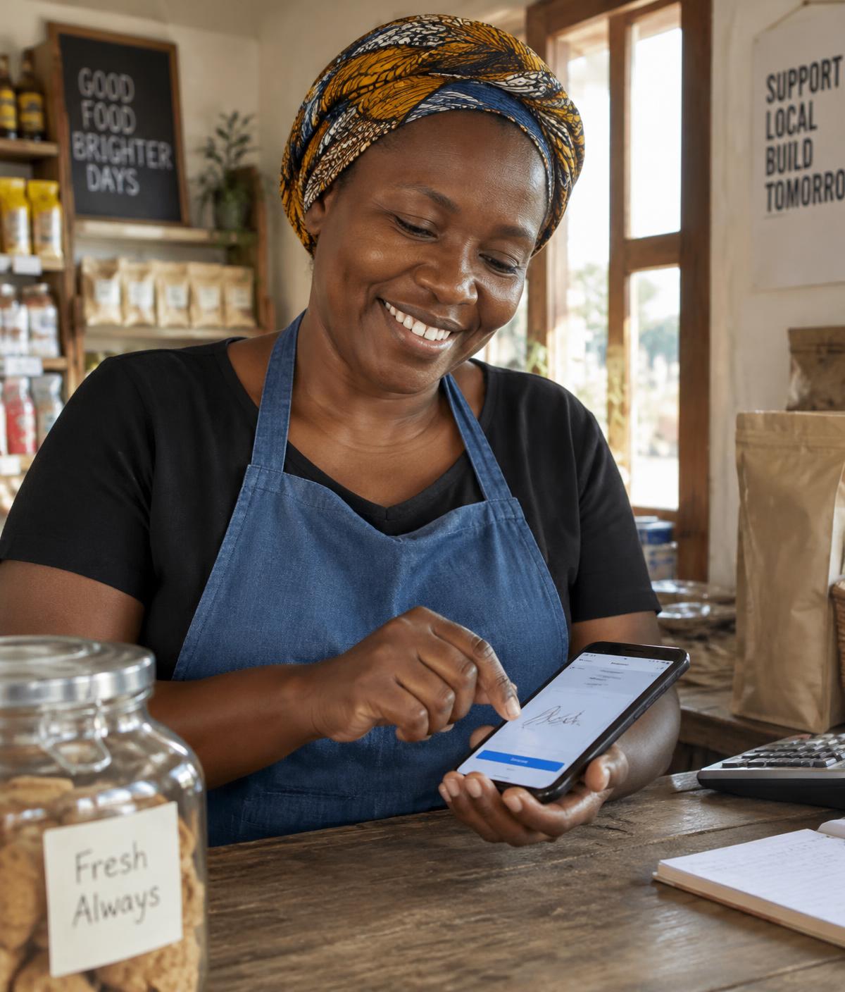 A shop owner signing a document on her phone